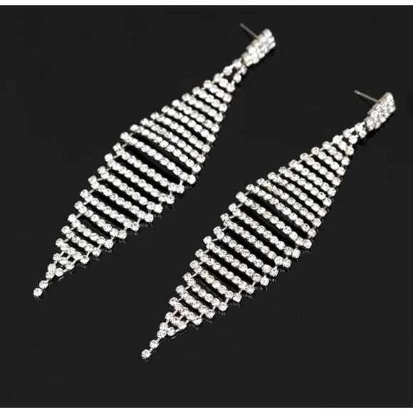 Earrings 4" Dangle Drop Chandelier Clear Rhinestone Silver Jewelry S26 - Picture 5 of 6